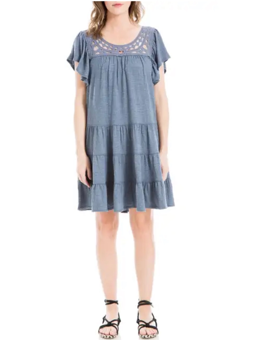 Max Studio Blue Tiered Gauze Summer Dress with Crochet Yoke